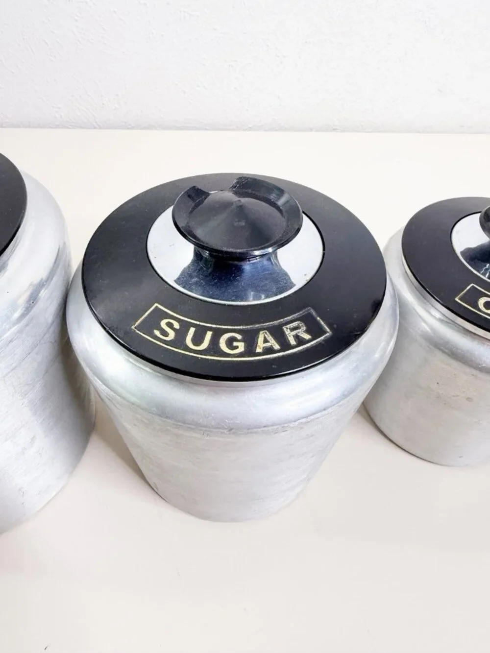 Vintage Kromex Aluminum Canister Set of 4 Flour Sugar Coffee Tea Black Lids EUC